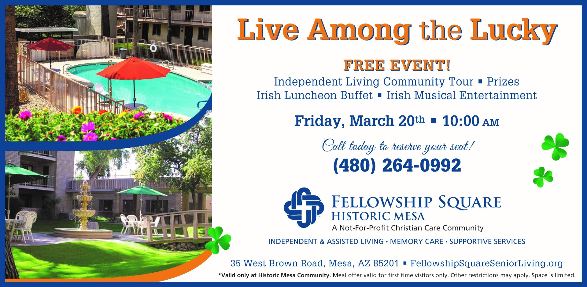Flyer for independent living event at Fellowship Square Historic Mesa - Free to the community on March 20, 2020